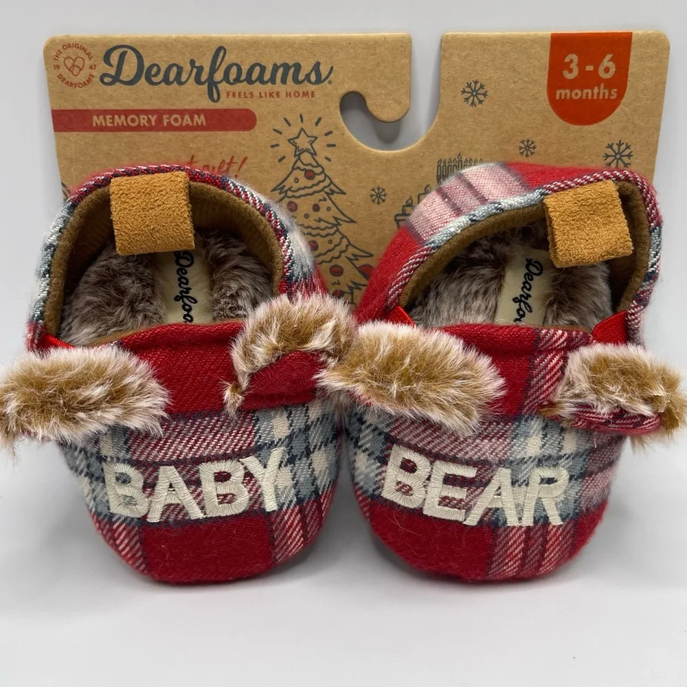 Dearfoams Baby Bear Slippers Red Plaid Faux Fur Memory Foam Unisex 3-6 Months.